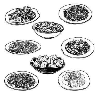 Vektör el, Asya mutfağından siyah-beyaz bir resimle çizilmiş.