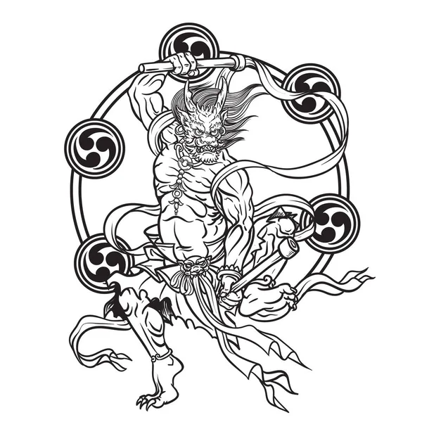 Thunder God Raijin Japan Vector Illustration Japanese Tattoo — Archivo Imágenes Vectoriales