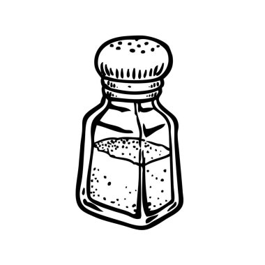 Pepper Shaker İşlemeli Çizim. El çizimi cam kavanoz pişirme baharat vektörü çizimi klasik tarzda