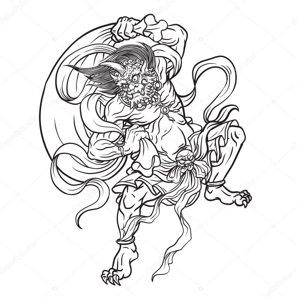 Fujin, wind god of Japan, Vector Illustration,Japanese Tattoo