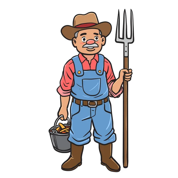 Vector Illustration Cartoon Farmer Holding Rake — Stockvector