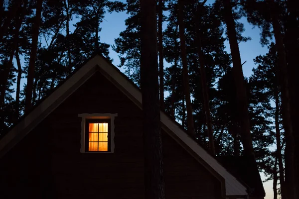 Meleg Fény Egy Falusi Ház Ablakában Éjszaka Erdőben Alkonyatkor Fák — Stock Fotó