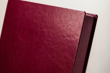 Açık arkaplanı olan bir fotoğraf kitabı için kırmızı deri bir kutu..