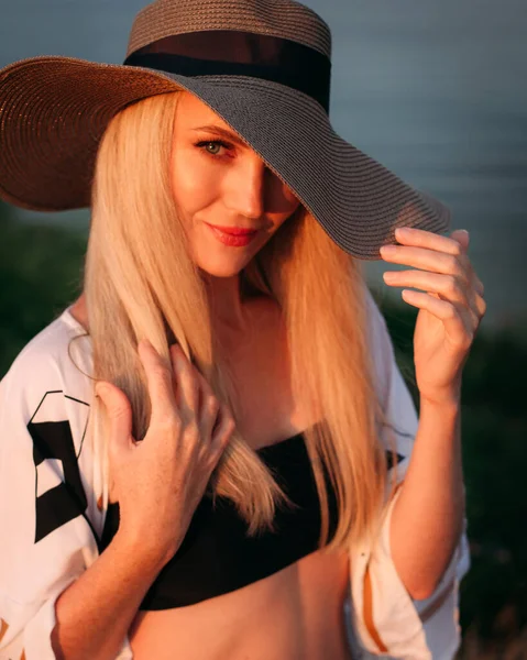 Portrait Beautiful Blonde Girl Long Hair Black Swimsuit Light Pareo — Stock Photo, Image