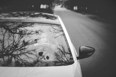 Sanat eserleri. Güzel, şık bir kızın arabada otururken çekilmiş siyah beyaz bir fotoğrafı. Arabanın camlarında güzel yansımalar var..