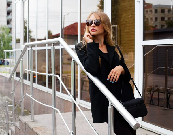 Beautiful Young Girl Blond Hair Sunglasses Black Jacket Leggings Leather — стоковое фото