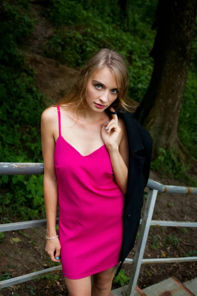 Beautiful Young Girl Blond Hair Pink Dress Black Jacket Stands — Photo