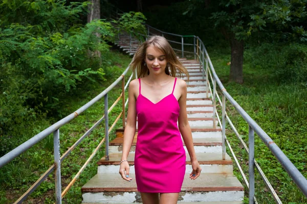 Slender Young Girl Long Blond Hair Pink Dress Going Stairs — Photo
