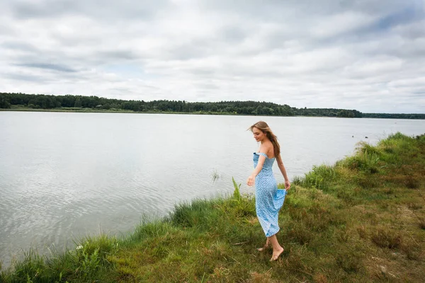 Beautiful Slender Smiling Girl Long Blond Hair Blue Summer Dress — Photo