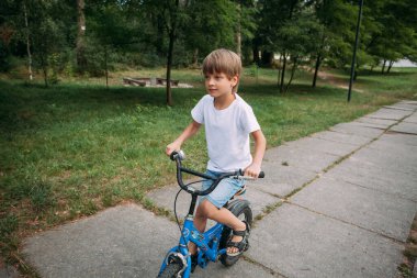 A little cute boy in denim shorts and a white t-shirt rides a children's bike along a path in the park during the day.