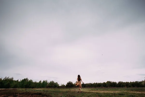 Uma Menina Com Longos Cabelos Escuros Vestido Marrom Com Chapéu — Fotografia de Stock