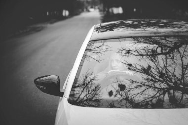 Sanat eserleri. Güzel, şık bir kızın arabada otururken çekilmiş siyah beyaz bir fotoğrafı. Arabanın camlarında güzel yansımalar var..