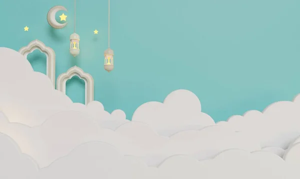 Mosque Gate Crescent Moon Lantern Cloud Illustration Background Render — Foto de Stock