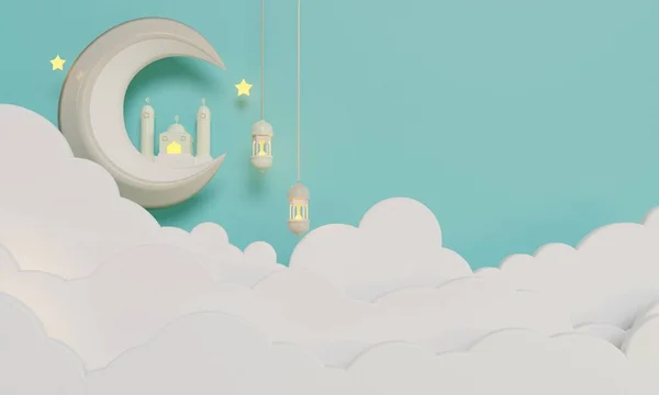 Crescent Moon Mosque Lantern Clouds Illustration Background Render — Foto de Stock