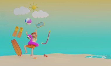 3B yaz afişi şablonu ile insan şnorkelle yüzerken topu yakala 3D render