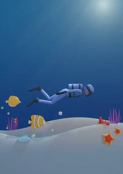 World Ocean day poster template with 3d render scuba diver
