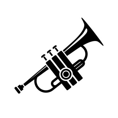 Trompet pirinç enstrüman basit stil siyah ayrıntılı logo ikon vektör çizimi izole edildi. Konserler, çalma ve orkestra için müzik aygıtı.