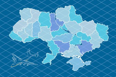 Dünyanın en büyük Ukrayna Ukrayna rüyası Mriya 'nın bulunduğu renkli Ukrayna haritası bölge merkezleri. Eğitim, gezi, haritacılık, dünyanın bir parçası. Beyaz arkaplanda düz stil grafik sanat tasarımı