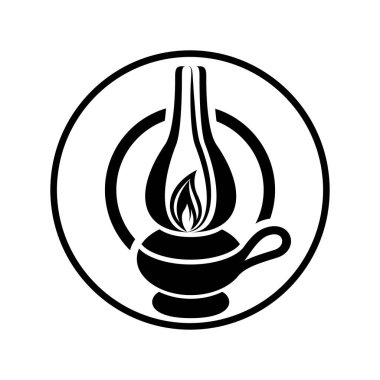 Diya glif simgesi. Siluet simge. İslam yağ lambası. Diwali. Işıklar bayramı. Kase yağ lambası yanıyor. Negatif alan. İzole vektör çizim.