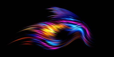 Koyu arkaplanda üç boyutlu soyut kıvrımlı akışkan şekil. Modaya uygun sıvı tasarımı. Akış şekilleri akarsu boyası. Derin analiz fırça darbesi renkli afiş. Vektör illüstrasyonu gerçekçi boya ağı ızgarası.