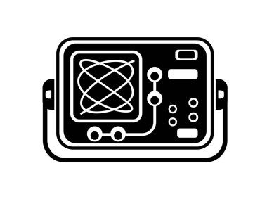 Oscilloscope. Karmaşık şematik elektrik devrelerini dikkatlice ölçüyorum. Frekans faz elektrik akımı, parametreler alanı. Bilimsel basit biçim ayrıntılı logo vektör çizimi izole edildi.