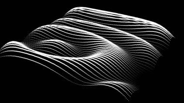 Büyük verilerin üç boyutlu dinamik düğümü bilimi noktalar. Parçacıkların sonsuz sinüzoit çizgisini dalgalandırın. Girdap tepesi neon topolojisi. Titreşim dalgalı davul müziği arkaplanı. Deniz araştırma bilimi damlaları düşüyor