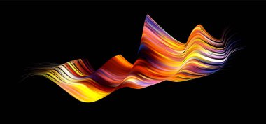 Koyu arkaplanda üç boyutlu soyut kıvrımlı akışkan şekil. Modaya uygun sıvı tasarımı. Akış şekilleri akarsu boyası. Derin analiz fırça darbesi renkli afiş. Vektör illüstrasyonu gerçekçi boya ağı ızgarası.