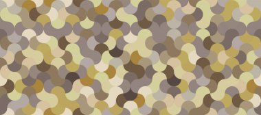 Kusursuz geometrik kahverengi haki rengi sarı desenli. Yuvarlak çizgileri olan kamuflaj fayansları. Renkli bir arka plan baskısı ya da web tasarımı. Dalgalı fayans ağı. Renkli kenetlenme ölçekleri squama vektör resimlemesi.