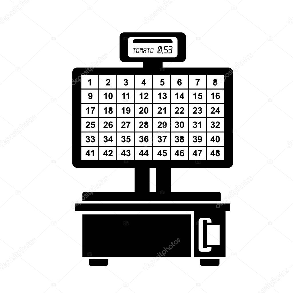 Scales for self-weighing in the department of the supermarket. Automatic electronic database of goods. Barcode printer. Grocery simple style detailed logo icon vector illustration isolated.