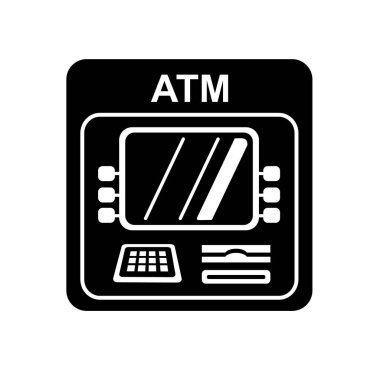 ATM ikonu. Banka kartından para çekiyordum. Sistem izleniyor ve şifre ile yetki veriliyor. Basit biçim ayrıntılı logo vektör çizimi izole edildi.