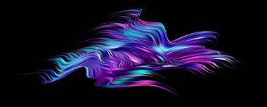 Koyu arkaplanda üç boyutlu soyut kıvrımlı akışkan şekil. Modaya uygun sıvı tasarımı. Akış şekilleri akarsu boyası. Derin analiz fırça darbesi renkli afiş. Vektör illüstrasyonu gerçekçi boya ağı ızgarası.