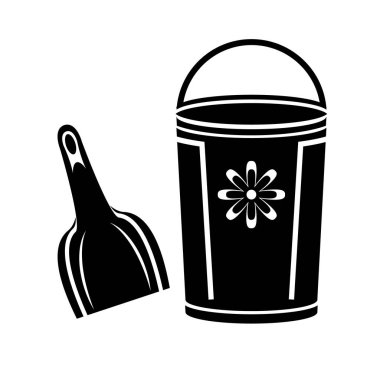 Bucket and spade with sand vector illustration flat icon isolated on white, kid toys tools symbol, pail shovel label, modern design sticker, sandbox place sign badge ribbon, logo