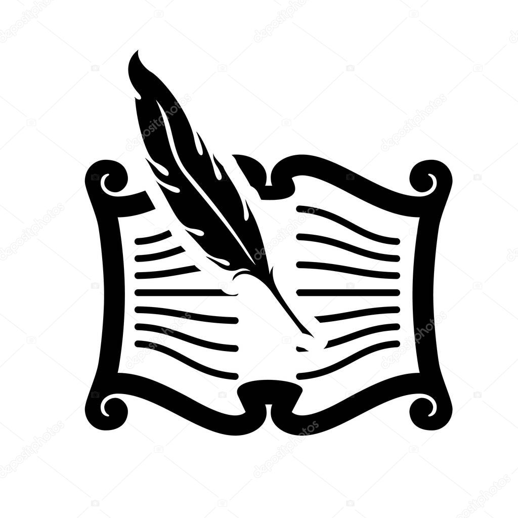 Parchment paper with feather vector icon. filled flat sign for mobile concept and web design. Literature simple solid icon. Writing symbol, logo illustration. Pixel perfect vector graphics.