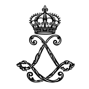 Çapraz monogram ve taç şeklinde kralın sembolü. Heraldik Fransız standardı siyah vektör amblemi ve kraliyet sembolleri..