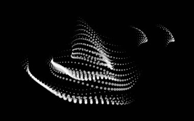 Büyük verilerin üç boyutlu dinamik düğümü bilimi noktalar. Parçacıkların sonsuz sinüzoit çizgisini dalgalandırın. Girdap tepesi elektrikli neon şişkinlik patlaması. Titreşim dalga küre arkaplanı. Çiçek araştırması bilim ağı damlası.