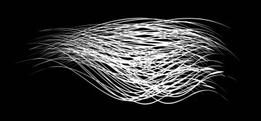 Beyaz akış, siyah arka planda fırça darbesi, beyaz politikalar. Soyut dağınık lifler. Vektör illüstrasyon girdabı bulanıklığı. Boya kalemleri ve tebeşir boyası, iplik, saç ve demet..