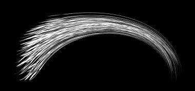 Siyah arka planda beyaz akış fırça darbesi, şerit izole hat. Gerçekçi ses dalgası. Sıvı boya mürekkebi şeklinde. Gerçek vektör illüstrasyon girdabı bulanıklığı. Boya kalemleri ve tebeşir boyası, iplik, saç ve demet.