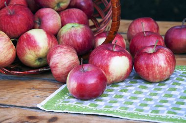 Tahta bir masada sepetteki kırmızı elmalar..