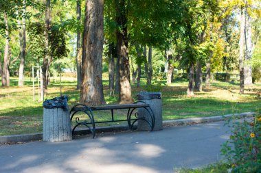 Parktaki bankta. Sonbahar parkı ve bank. Parktaki bankın yanındaki çöp tenekesi. Yüksek kalite fotoğraf