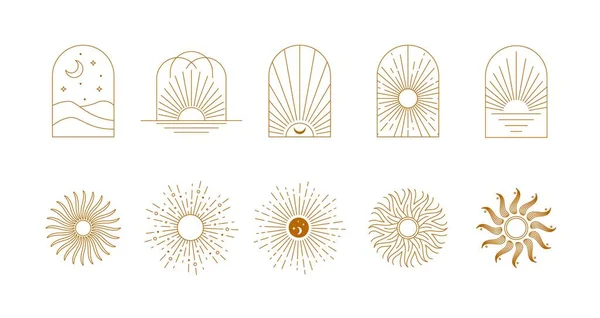 Boho tarzı doğrusal logolar, güneşin simgeleri, yay, pencere tasarımı. Dekorasyon için geometrik soyut ögeler.