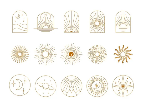 Boho tarzı doğrusal logolar, güneşin simgeleri, yay, pencere tasarımı. Dekorasyon için geometrik soyut ögeler.