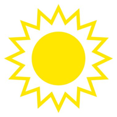 Yaratıcı Güneş. Işık işareti. Beyaz arka planda izole edilmiş ışınlar ile sıcak sarı parlak güneşin silueti