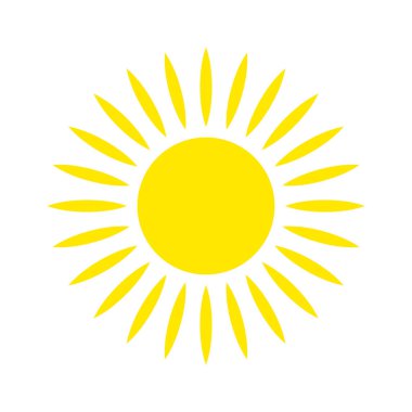 Güneş. Beyaz arka planda izole edilmiş sarı parlak güneşin silueti