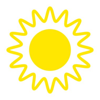 Yaratıcı Güneş. Beyaz arka planda izole edilmiş ince ışık çizgileri olan sıcak sarı parlak güneş silueti.