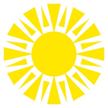 Düz ışınlı güneş. Sıcak hava günü. Beyaz arka planda izole edilmiş sarı parlak güneşin silueti