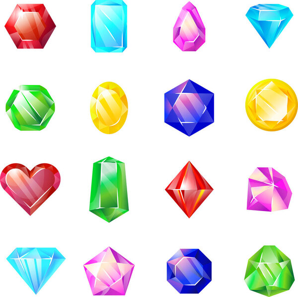 Game Crystals. Shining multi-colored jewelry stones. Set of precious stones. Cartoon crystals