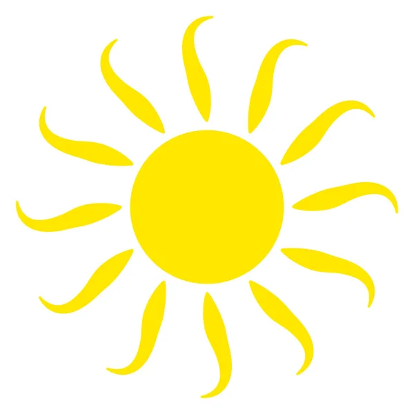Φωτεινές ακτίνες του ήλιου κυματιστά επίπεδη. Ζεστή μέρα. Σιλουέτα του κίτρινου έντονου ήλιου που απομονώνεται σε λευκό φόντο — Διανυσματικό Αρχείο