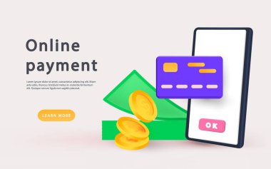 Çevrimiçi ödeme kavramı. 3d vektör akıllı telefon ve kredi kartı, bozuk para ve para
