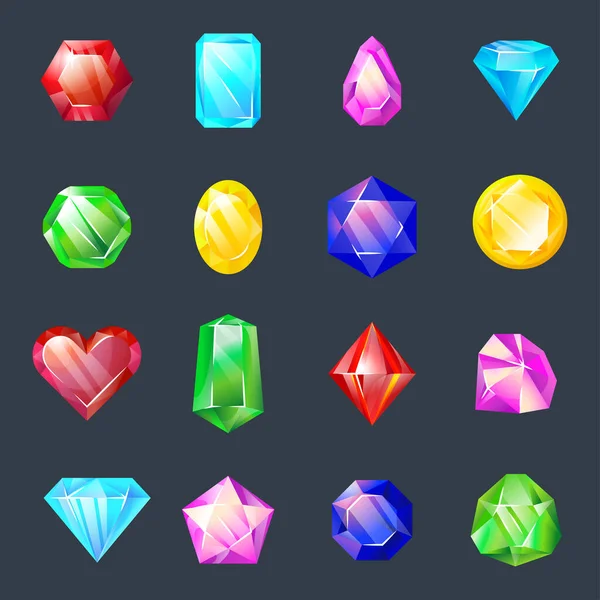 Game Crystals. Shining multi-colored jewelry stones. Set of precious stones. Cartoon crystals — 图库矢量图片