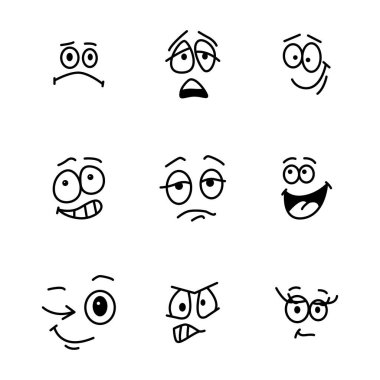 Maskot karakterleri komik yüzler. Logo vektör duyguları için komik gülümseme, duygu simgeleri için karakter seti.